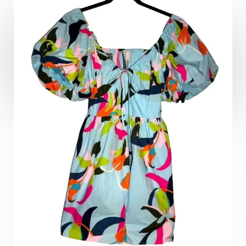 A New Day Women's Puff Short Sleeve Dress - Blue Floral Medium